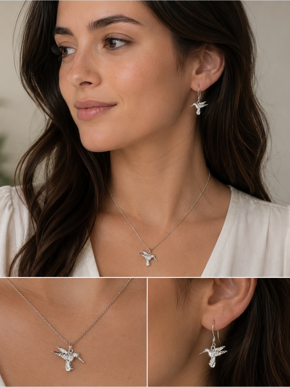 Sterling Silver 925 Hummingbird Necklace & Matching Earrings Set